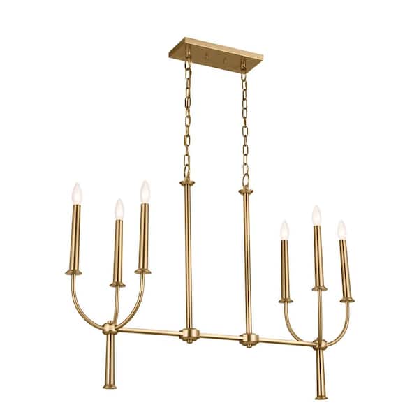 Florence 43 in. 6-Light Brushed Natural Brass Traditional Candle Linear Chandelier for Dining Room