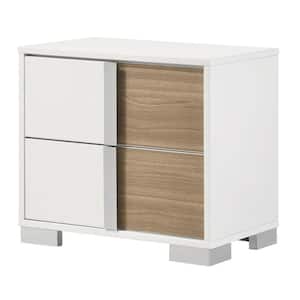 White, Brown and Silver 2-Drawer 23.37 in. Wooden Nightstand