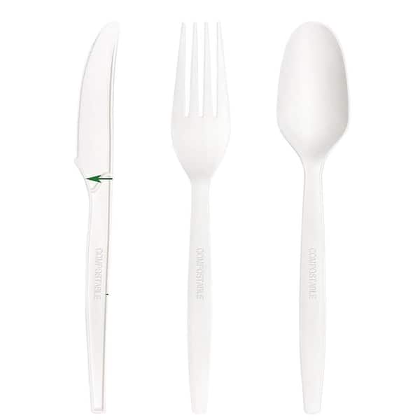 150 Count Ivory White Compostable Utensils Set, Heavy Duty BPI Certified Plastic-Free Disposable Forks, Spoons, Knives