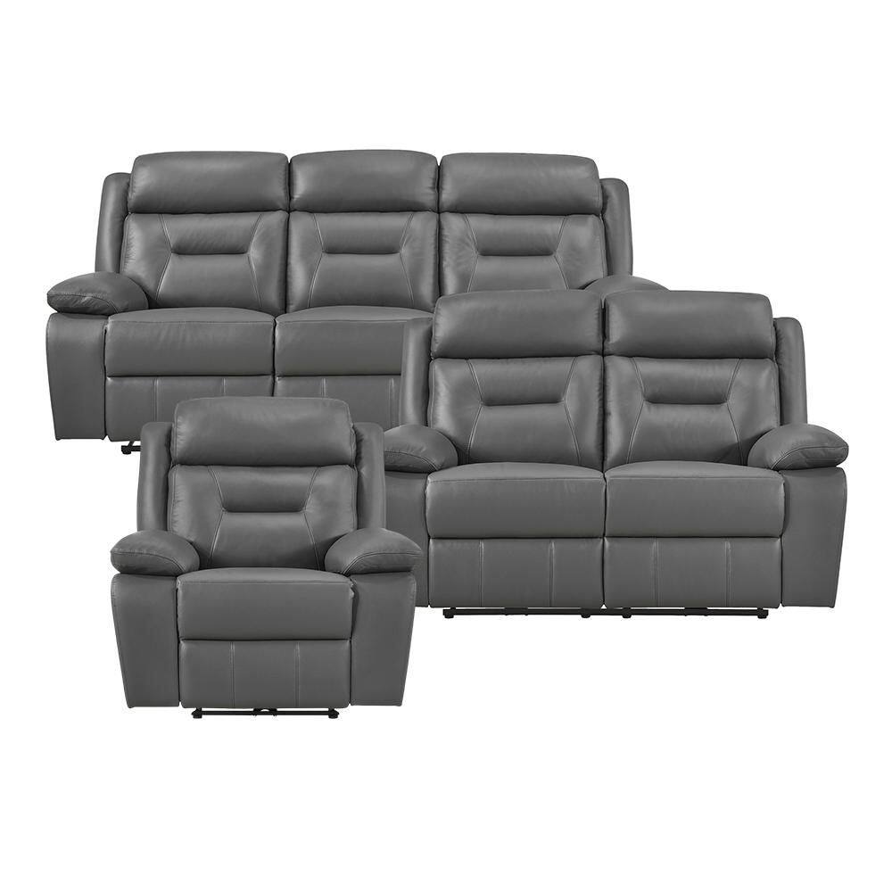 Emillia 87 in. W Pillow Arm Leather Rectangle 3-Piece Power Double Reclining Sofa Set in Dark Gray
