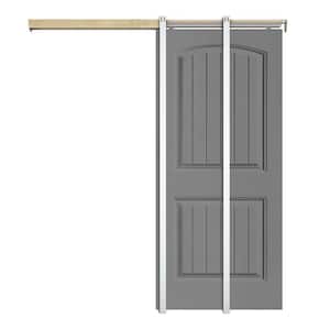 30 in. x 80 in. Light Gray Painted Composite MDF 2Panel Camber Top Sliding Door with Pocket Door Frame and Hardware Kit