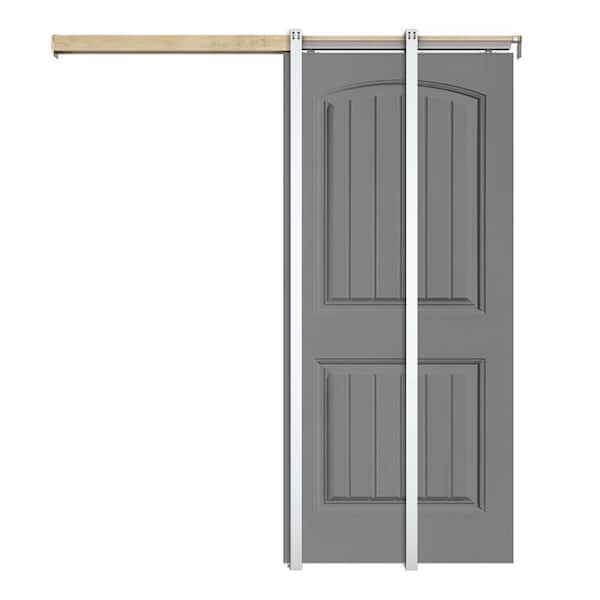 CALHOME 36 in. x 80 in. Light Gray Painted Composite MDF 2Panel Camber Top Sliding Door with Pocket Door Frame and Hardware Kit