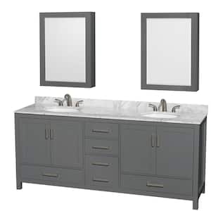 Sheffield 80 in. W x 22 in. D x 35 in. H Double Bath Vanity in Dark Gray with White Carrara Marble Top and MC Mirrors