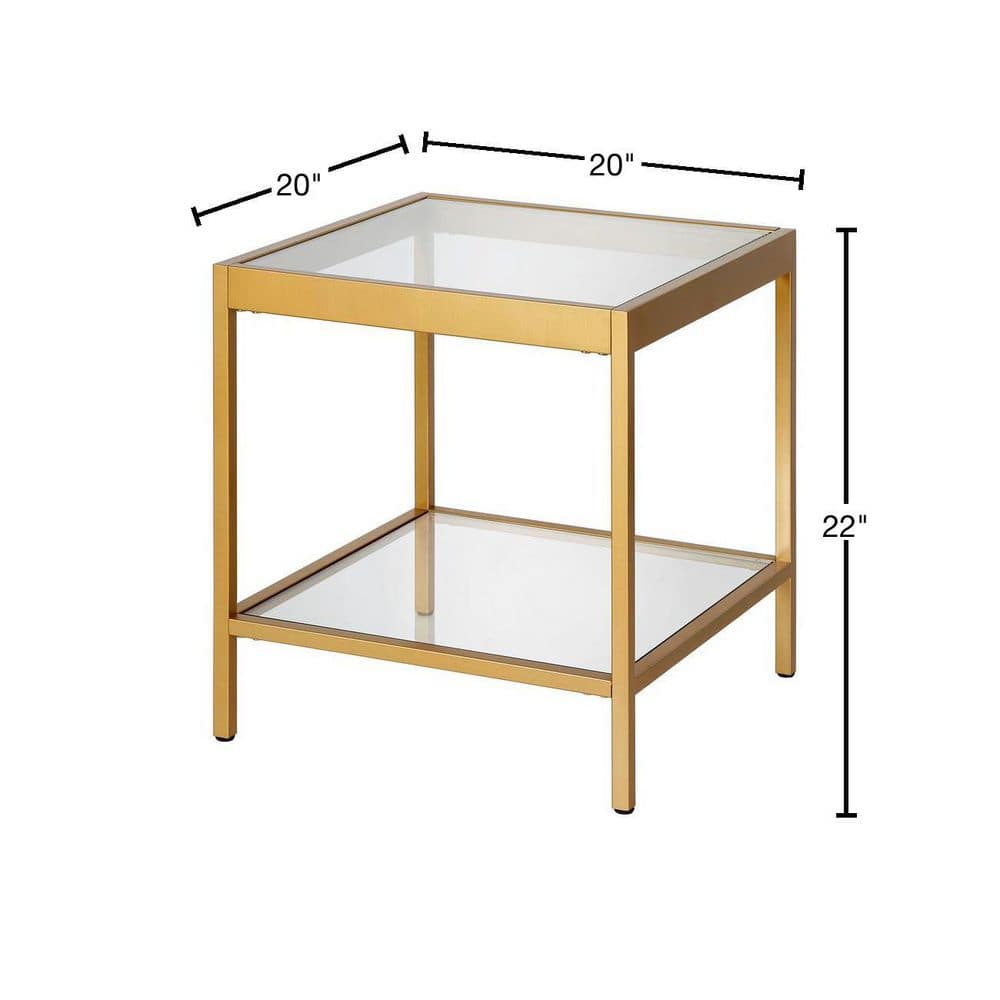 Sleek 20" Brass Square Side Table with Glass Shelves