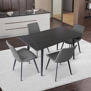 5-Piece Set of Gray Chairs and Black Slate Stone Dining Table, Dining Set With Carbon Steel Legs and 4 Modern Chairs