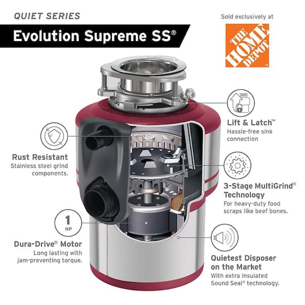 InSinkErator Evolution Supreme SS Lift and Latch Quiet Series HP  Continuous Feed Garbage Disposal with Power Cord Kit SUPREME SS W/CDK The  Home Depot