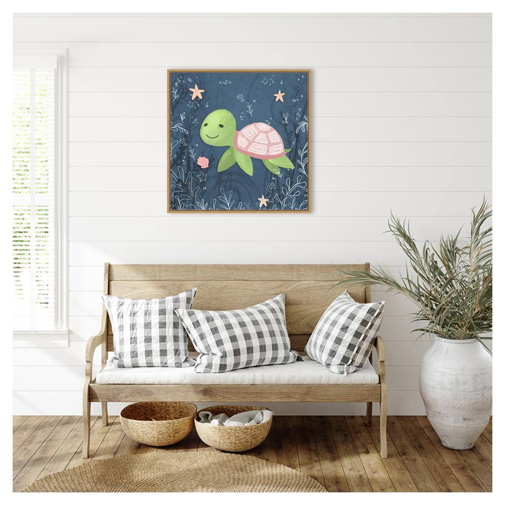 Hartworks Seahorse and Turtle Blue II 30" Canvas Print with Maple Frame