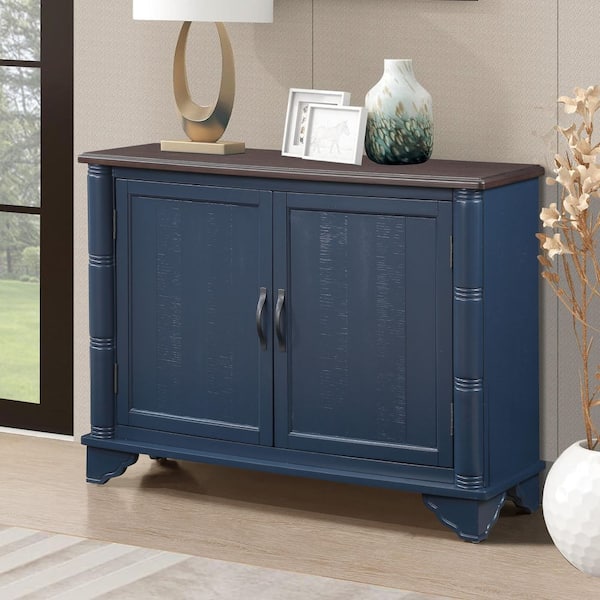 Jemima Navy Blue and Brown Wood 40 in. Modern Buffet Storage Sideboard, Storage Cabinet with Adjustable Shelves, Doors