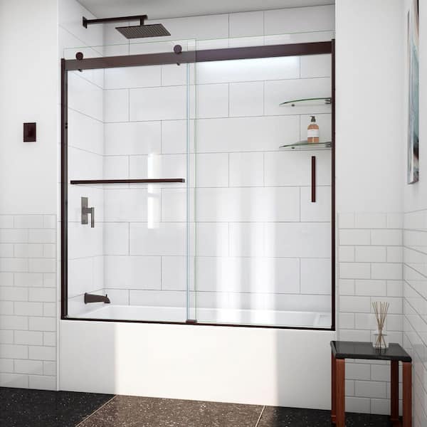 Sapphire-V 60 in. W x 62 in. H Sliding Semi-Frameless Shower Door in Oil Rubbed Bronze with Clear Glass
