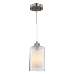 1-Light Brushed Nickel Mini Pendant Light Fixture with Frosted Inner and Clear Glass Outer Shade