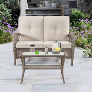2-Piece Wicker Outdoor Patio Loveseat Conversation Set with Beige Cushions and Coffee Table