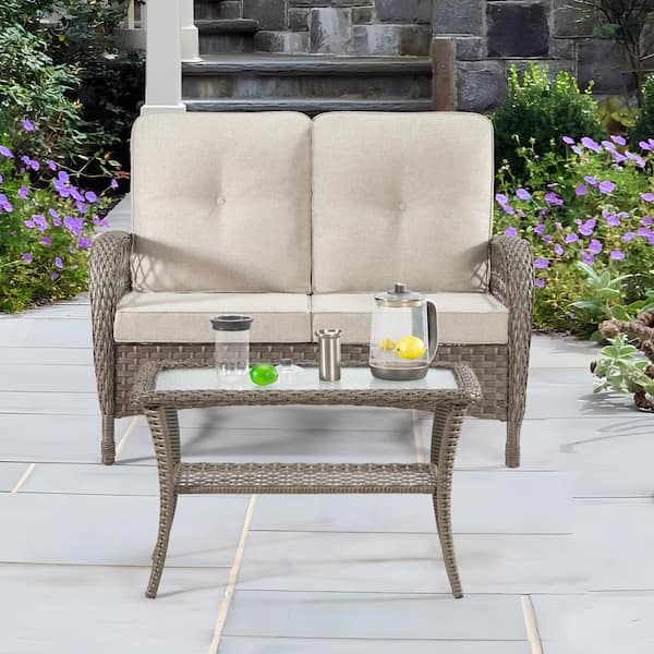Gardenbee 2-Piece Wicker Outdoor Patio Loveseat Conversation Set with Beige Cushions and Coffee Table