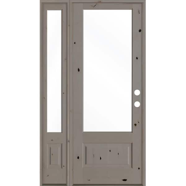 Krosswood Doors 50 in. x 96 in. Farmhouse Knotty Alder Left-Hand/Inswing 3/4 Lite Clear Glass Grey Stain Wood Prehung Front Door w/LSL