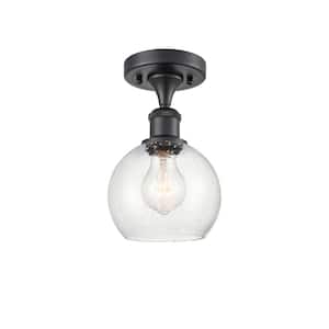 Athens 6 in. 1-Light Matte Black Semi-Flush Mount with Seedy Glass Shade