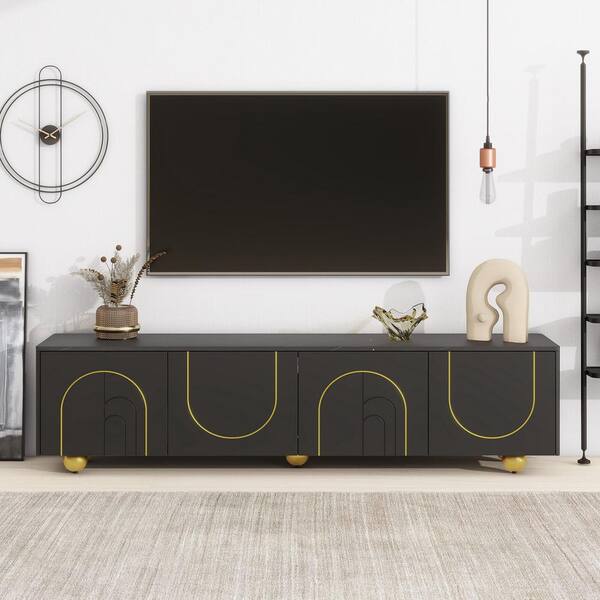 Harper & Bright Designs Black Modern TV Stand Fits TVs up to 75 in. with Marble-patterned Top, Golden Round Metal Legs, Adjustable Shelf