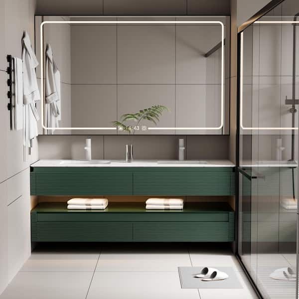 Wilton 60 in. W x 20.8in. D x 19.6 in. H Floating Bathroom Vanity Set in Green with White Double Undermount Basins
