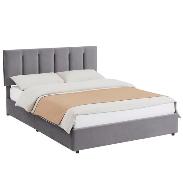 VECELO Upholstered Bed Frame, Gray Queen Metal Frame With 4