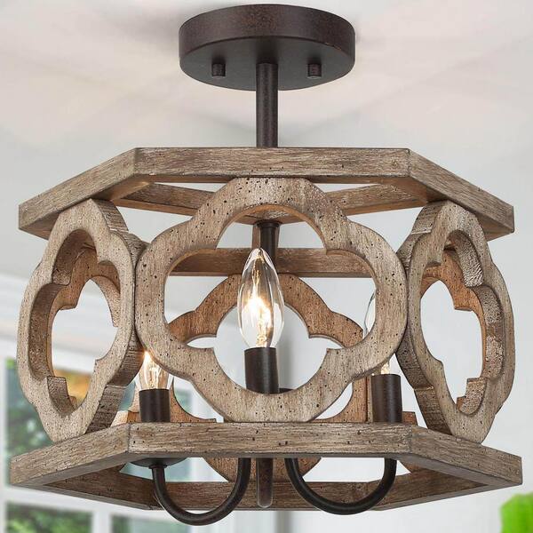 Green Island Light Fixture Rustic Wooden Linear Suspension Lamp with Decorative  Vines and Rose - Clearhalo