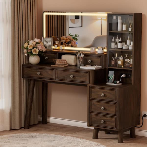 Modern Farmhouse 48 in. Makeup Vanity Desk with 3-Color LED Lighted Mirror, Dark Walnut Finish