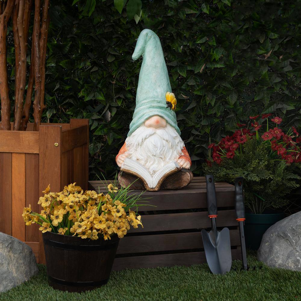 Whimsical Ceramic Gnome with Turquoise Hat Reading Book