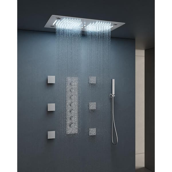 YAWWALK Thermostatic 63-Spray 28 x 16 in. Rectangle LED Mood Lighting Shower System with Valve in Brushed Nickel
