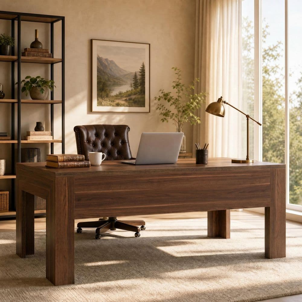 Capen 63 in. Rectangular Walnut Wood Computer Desk with Sturdy Legs and Front Baffle, Modern Workstation for Home Office