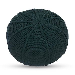 Aeris Green Upholstered Cotton Yarn Round Hand-Knitted Pouf