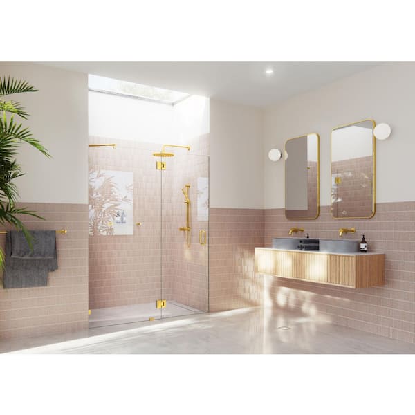 Glass Warehouse Halo 58.25 in. W x 78 in. H Glass Hinged Frameless Shower Door in Satin Brass with Clear Glass