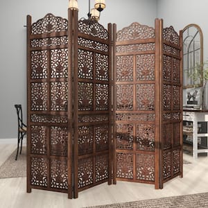 6 ft. Handmade Hinged Foldable Partition Brown Floral 4 Panel Room Divider Screen with Intricately Carved Designs