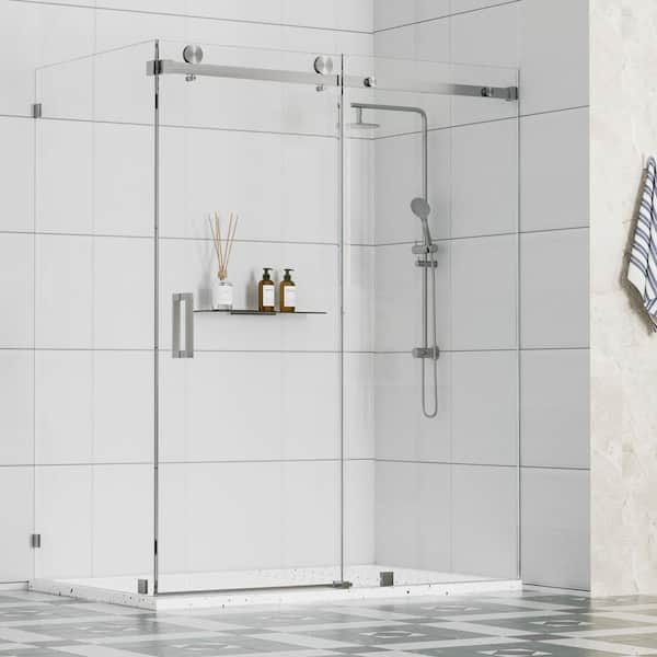 Resa 48 in. W x 36 in. D x 76 in. H Sliding Frameless Corner Shower Enclosure in Brushed Nickel with 3/8 in. Clear Glass