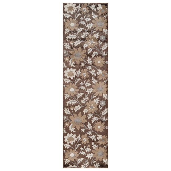 Contemporary Floral Runner Rug for Living Room, Bedroom, or Entryway 2 ft. x 12 ft. Brown