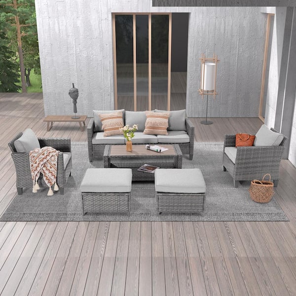 JOYESERY 6-Piece Gray Wicker Outdoor Conversation Seating Sofa Set with Coffee Table, Linen Grey Cushions