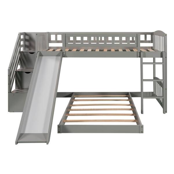 URTR Stairway Gray Twin Over Twin Bunk Bed Frame with Slide and 