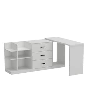 61.2 in. W L-Shape White Wooden 3 Drawer Foldable Writing Desk, Computer Desk with 7 Open Shelf