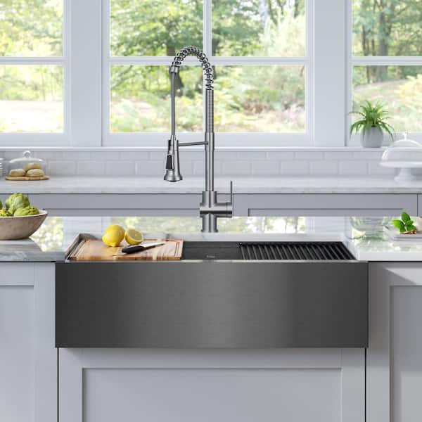 Kore 33 in. Farmhouse/Apron-Front Single Bowl 16 Gauge Black Stainless Steel Kitchen Workstation Sink with Accessories