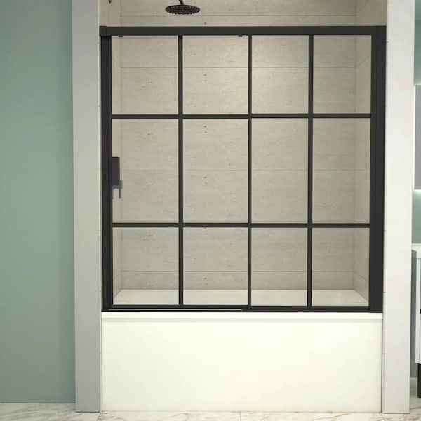 Joselyn 59 in. W x 60 in. H Sliding Tub Door in Black Stainless Steel with 8 mm Clear Tempered Glass and Handle
