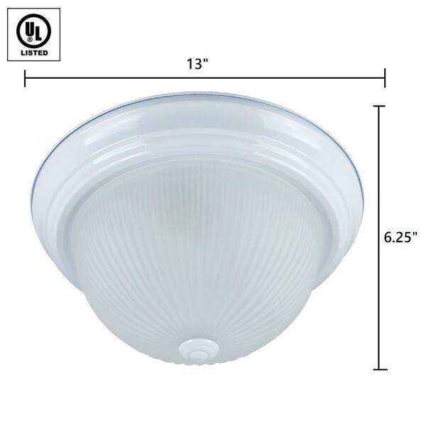 13 in. 2-Light White Indoor Flush Mount with Clear Ribbed Glass Bowl