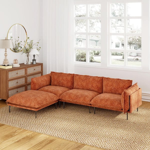 Robot Vacuum Friendly 111 in. Tapered Arm Velvet Modular Sectional Sofa Couch with Ottoman, Metal High Legs in Orange