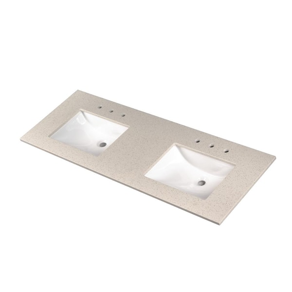 A&A Surfaces Iced White 61 in. W x 22 in. D Engineered Marble Vanity Top with White Rectangle Double Sinks
