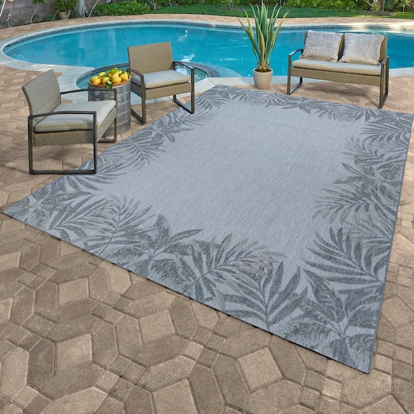 Paseo Tropic Ash 9 ft. x 13 ft. Border Indoor/Outdoor Area Rug