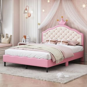 Pink Wood Frame Full Size PU Leather Upholstered Platform Bed with Cream Tufted Headboard