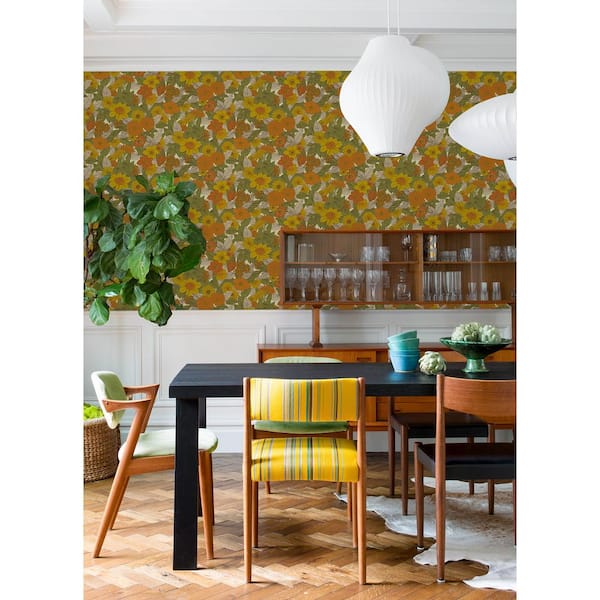 Retro Floral Yellow and Orange Peel and Stick Wallpaper