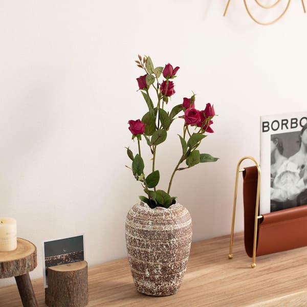 7 in. Rustic Vase with Broken Rim Design, Decorative Ceramic Pottery for Shelves and Tabletop, Color- Brown Shape Round