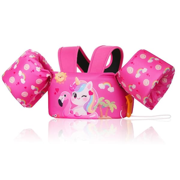 Kids Deep Pink Cartoon Swim Arm Floats with Reversible Vest Design and Y Strap Shoulder Support for 20 to 50 lb