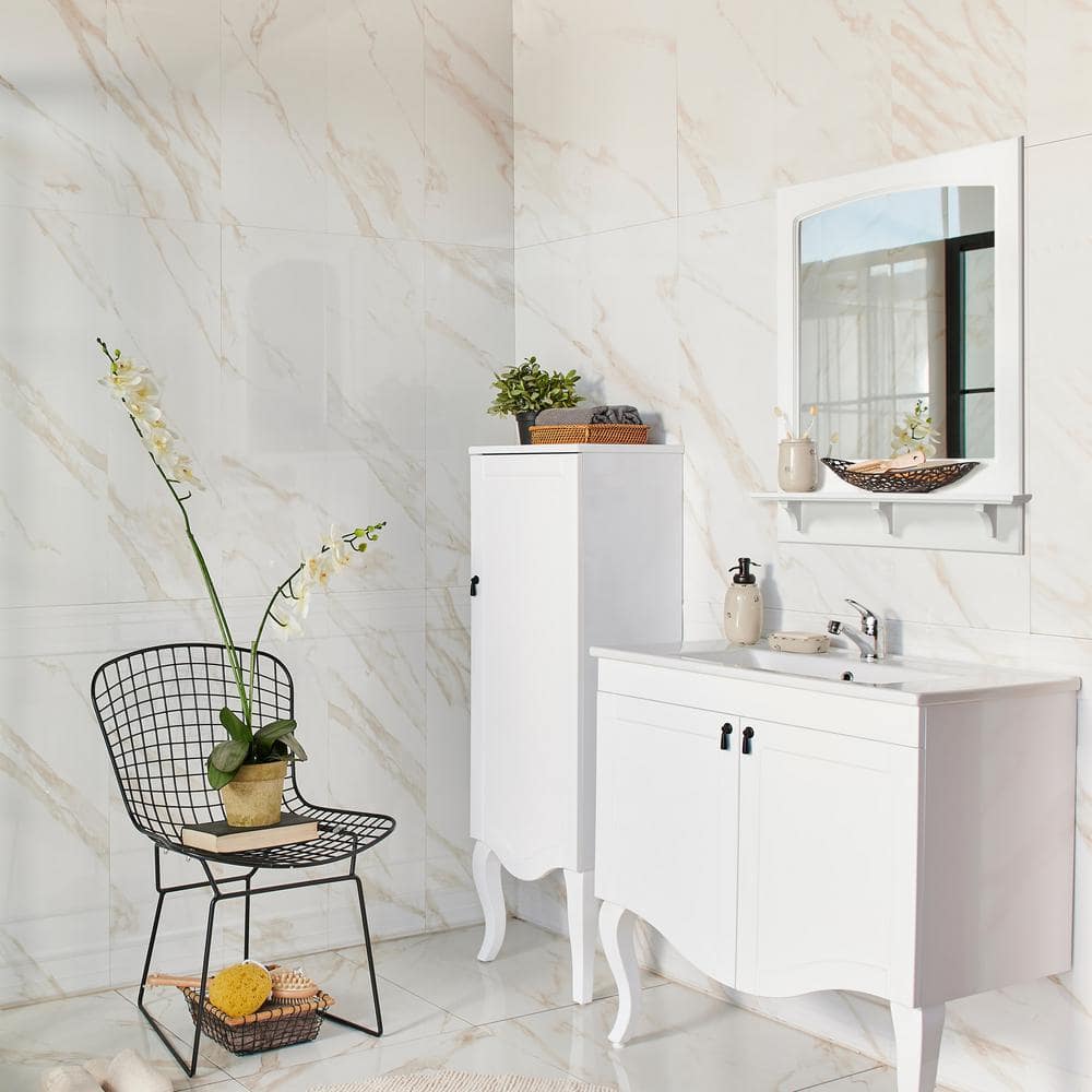 White Pine Wood Rectangular Wall Mirror with Shelf, 31" x 24"