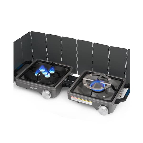 2 Burner Camping Stove,24000 BTU Portable Foldable Propane Camp Stove with Carrying Bag,Windshield & Coffee Stand
