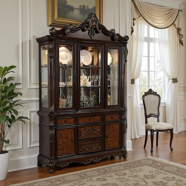 Zenie Cherry Brown Solid Wood 61.5 in. Classic Carved Buffet Cabinet with Hutch