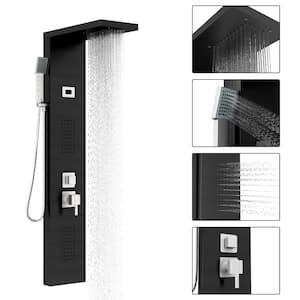 6-Spray, 2 Body Jets Stainless Steel Shower Tower with Rainfall Waterfall Shower Head, Hand Shower in Black, Valve