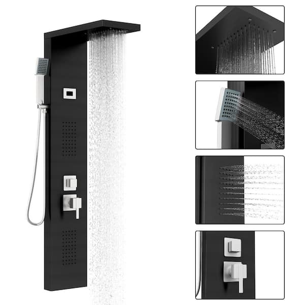 FUFU&GAGA 6-Spray, 2 Body Jets Stainless Steel Shower Tower with Rainfall Waterfall Shower Head, Hand Shower in Black, Valve