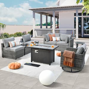 Daffodil H Gray 8-Piece Wicker Patio Fire Pit Conversation Sofa Set with a Swivel Rocking Chair and Dark Gray Cushions